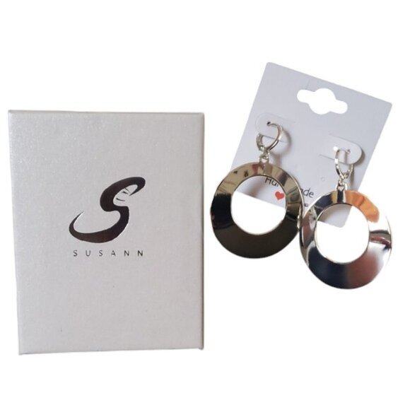 Women 14k Silver Plated Geometric Round Dangle High Polished Surface Earrings - Picture 3 of 9